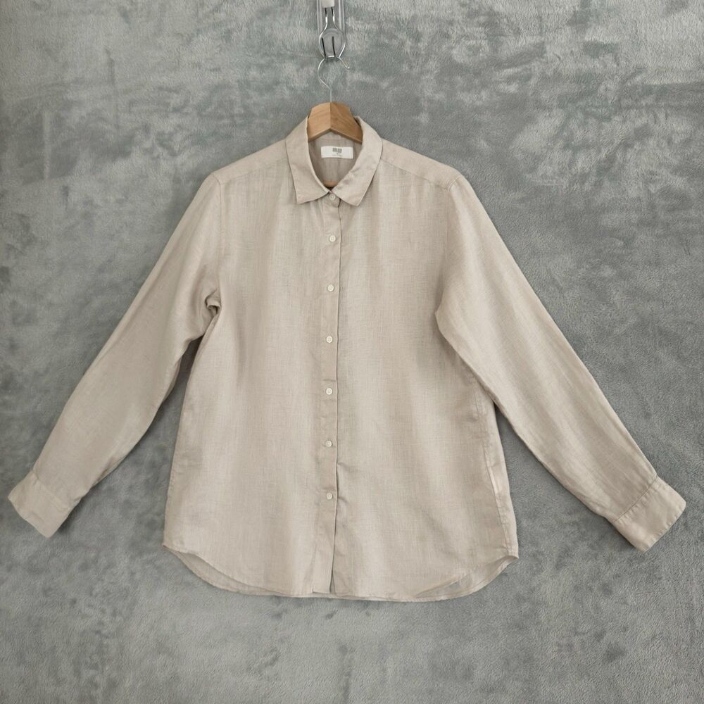 Uniqlo Premium Linen Shirt Womens M Natural Button Front Long Sleeve